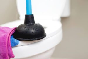 A plunger and towels on a toilet.